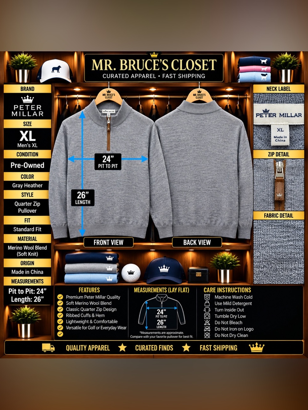 Peter Millar Gray Heather Quarter-Zip Merino Pullover